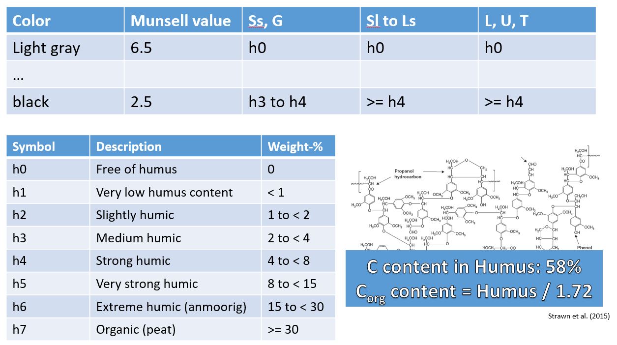 Estimation of humus content in soils. Source: KA5, S. 111, Tab. 14